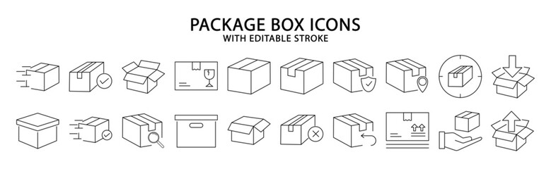 Package box icons. Set icon about package box. Package box line icons. Vector illustration. Editable stroke.