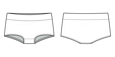 Classic boyshorts technical fashion illustration. boyshorts panty fashion flat technical drawing template. Elasticated waistband, women's Underwear, panty. front, and back view. white. CAD mockup set.