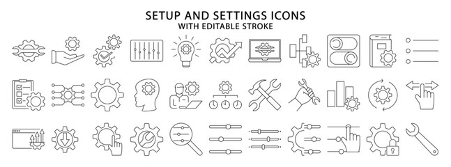 Setup And Setting icons. Set icon about setup and setting. Setup and setting line icons. Vector illustration. editable stroke.