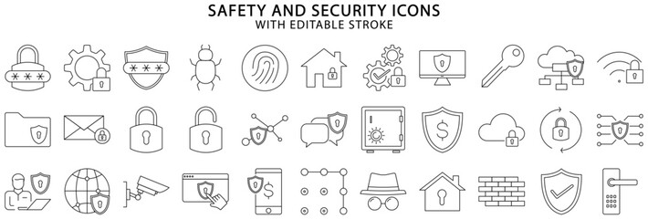 Safety And Security icons. Set icon about safety and security. Safety and security line icons. Vector Illustration. Editable stroke.