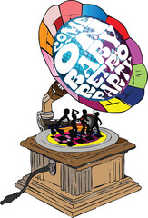 Vintage vinyl player with disco dance floor. People dance on vinyl. Party night retro. 