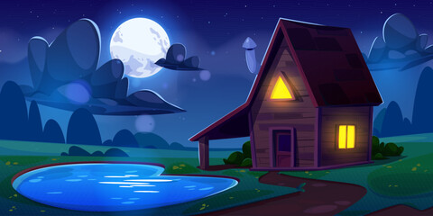 Naklejka premium Wooden cabin on shore of lake at night. Cartoon evening landscape - wood house with light from windows, forest on horizon and sky with clouds and full moon. Peaceful chalet or cottage near water pond.