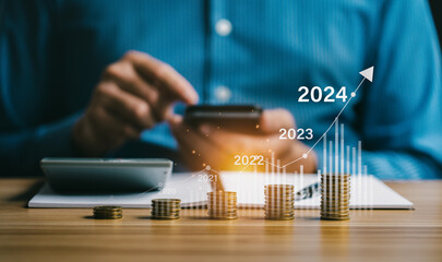 financial business growth 2024, Businessman analysis profitability of working companies with...