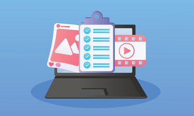 Media File Transfer of documents in folders, find videos and images in document ideas notebooks.on blue background.Vector Design Illustration.