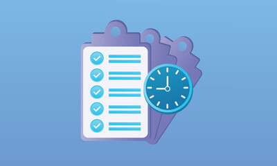 Document with clock alarm clipboard task management.on blue background.Vector Design Illustration.