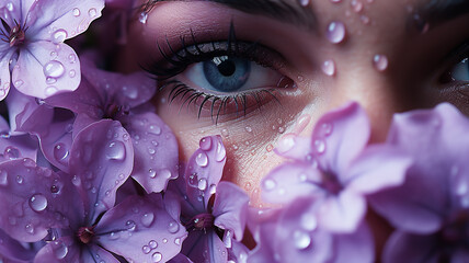 Veiled woman with lilac flowers, water droplets. face, magazine cover photo, cosmetics photo,...