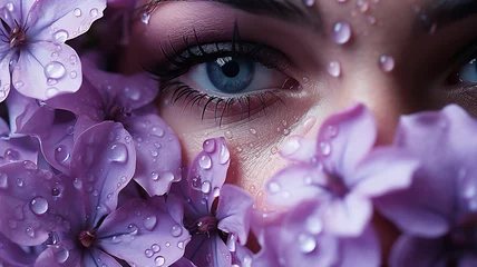 Poster Veiled woman with lilac flowers, water droplets. face, magazine cover photo, cosmetics photo, beauty industry advertising photo. © Invi2ible