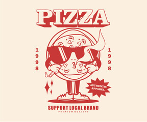 Vintage illustration Retro Poster cartoon character of pizza Graphic Design for T shirt Street Wear and Urban Style