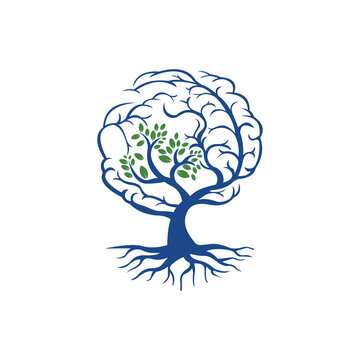 brain-shaped tree with leaves. represents brain development, intelligence. vector logo