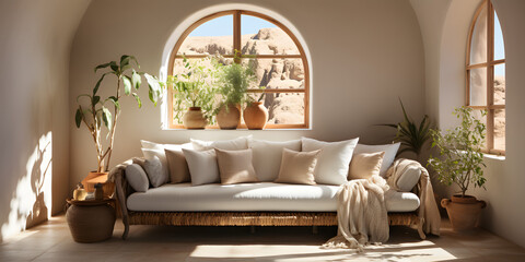 Loft home interior design of modern living room. beige sofa with terra cotta pillows against arched window near stucco wall with copy space 