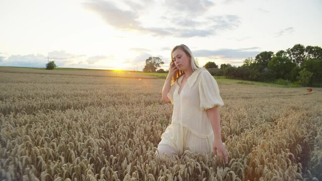 A romantic woman walks in a wheat field at sunset, Beautiful farm agricultural fields of grain and a girl alone. High quality 4k footage