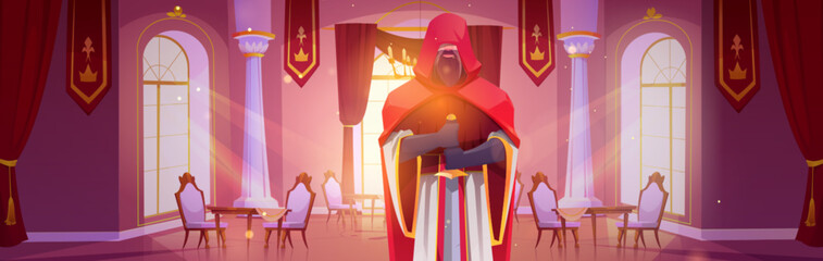 Warrior in castle dining room with table and royal chair. Medieval palace banquet hall cartoon background. Luxury victorian mansion ballroom for party furniture. Knight with sword plan insurgency
