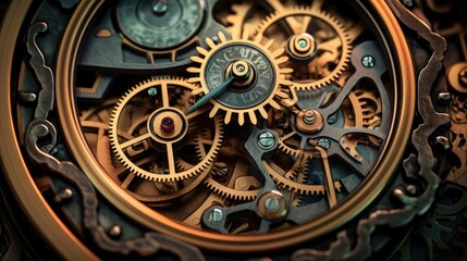 Fototapeta na wymiar Inside a clock. Gears, cogs, watch mechanism. Mechanical metal machine. Industrial vintage parts. Engineering time.