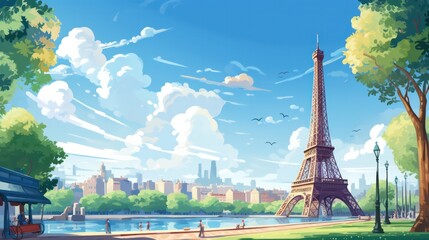 Eiffel Tower Poster in Sunny Day with Blue Sky View generative ai