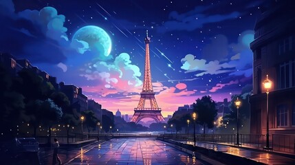 Eiffel Tower Poster in the Night with Dark Sky View generative ai
