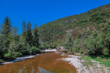 Sava bohinjka river close to wooden most na rju at Kamnje on the upper part of the stream in summer heat.