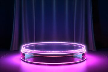 3d render of pink round podium on dark blue background, product display podium for beauty, tech, advertising products - obrazy, fototapety, plakaty