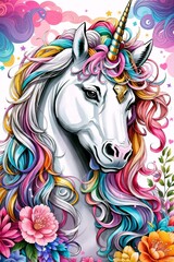 Unicorn with rainbow mane and flowers. Vector illustration.	