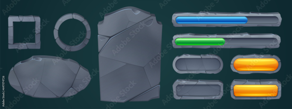 Poster stone frame and rock board game ui cartoon vector. medieval plaque and loading progress bar design t