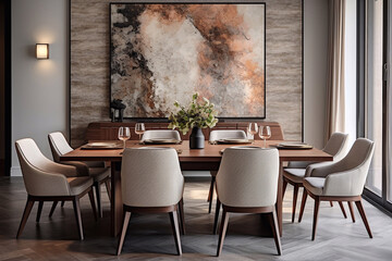 wooden dining table and beige chairs near art wall. Art deco interior design of modern dining room