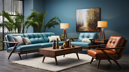 Mid-century style home interior design of modern living room. White sofa and blue leather chairs near wooden coffee table