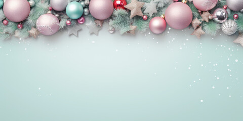 green christmas background, flat lay style, pastel