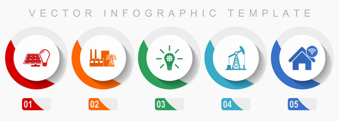 Industry and technology icon set, miscellaneous icons such as renewable energy, power plant, oil and gas, flat design vector infographic template, web buttons in 5 color options