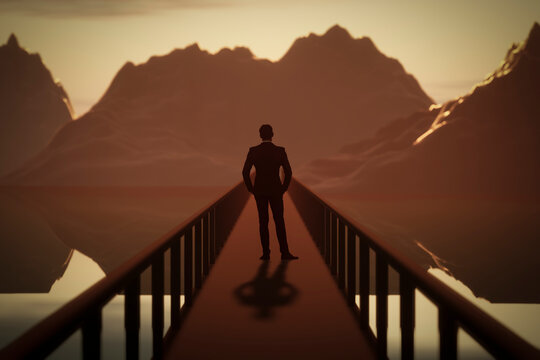 A man stands on the bridge and looks into the distance at the sunset.