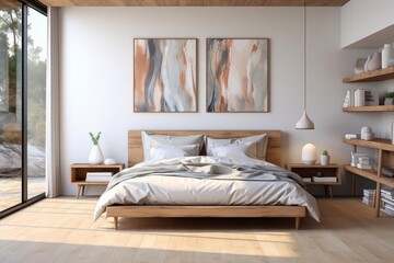 modern minimalist scandinavian bedroom with light natural materials