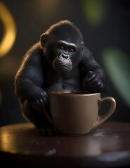 gorilla and the coffee cup - obrazy, fototapety, plakaty