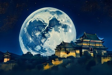 Asia and a moon that makes you fall in love - obrazy, fototapety, plakaty