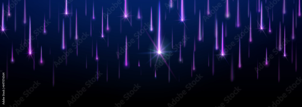 Wall mural space comet rain with purple neon star shower. realistic vector background with bright space objects