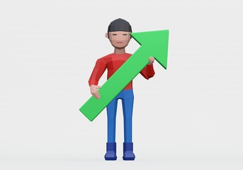 3d render of dummy holding upward arrow for bull market or good concept