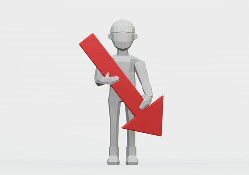 3d render of dummy holding downward arrow for bear market or bad concept