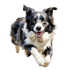 Running Border Collie dog watercolor clipart on transparent background. Generative AI illustration