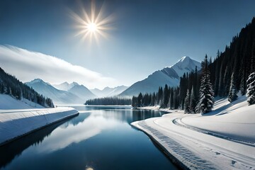 Obraz premium landscape with lake and mountains