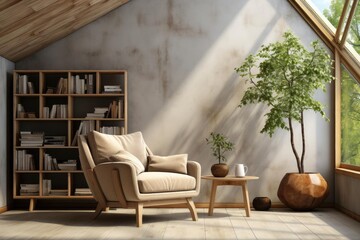 modern minimalist scandinavian reading room with light natural materials - obrazy, fototapety, plakaty