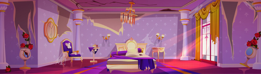 Abandoned victorian style bedroom. Vector cartoon illustration of messy room with broken armchair, damaged ceiling, torn textile on twin bed, destroyed wallpapers, cracked vases, cobweb on furniture