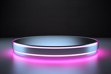 3d render of black and pink neon round podium on dark background, product display podium for beauty, tech, advertising products - obrazy, fototapety, plakaty