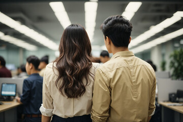 Back view of businessman and woman in office.