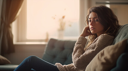 Sad thoughtful woman sitting on sofa at home looking at window away in deep unhappy thoughts. - obrazy, fototapety, plakaty