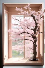  Kirigami artwork simulates a window looking out onto a picturesque scene of cherry blossoms in full bloom. The window frame and sill are folded from a pale wooden-toned paper, and the glass is replac