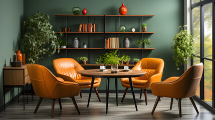 Orange leather chairs at round dining table against green wall. Scandinavian, mid-century home interior design of modern living room