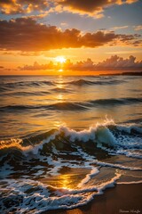 Fototapeta premium Sunset over the Ocean: The warm, golden hues of a sunset reflecting on the calm waters of the ocean create a mesmerizing scene. Capture the colors and the play of light on the waves.