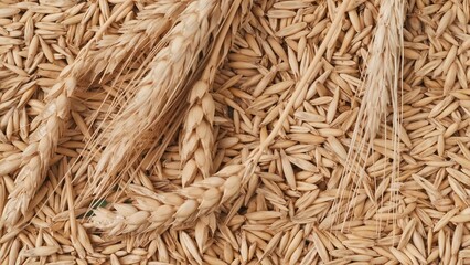 Closeup shot of many dried wheat grains background wheat ear laying on it. Advertising area,...