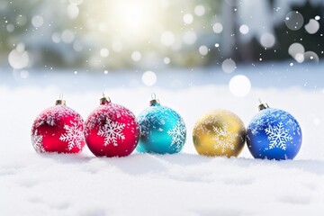Fototapeta na wymiar Light, colorful Christmas balls scattered in the snow, realistic style, with artificial snowflake decorations