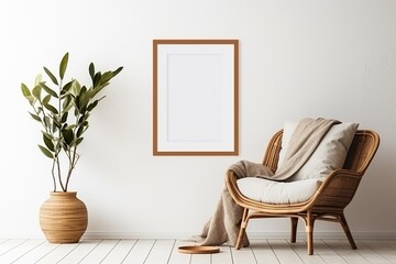 Wicker chair and floor vases near the white wall with the blank mockup poster frame. Boho interior design