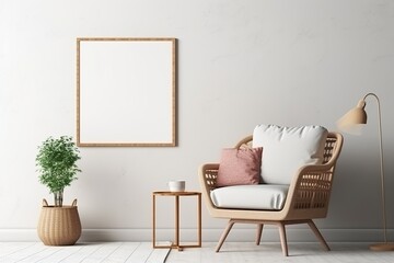 Wicker chair and floor vases near the white wall with the blank mockup poster frame. Boho interior design