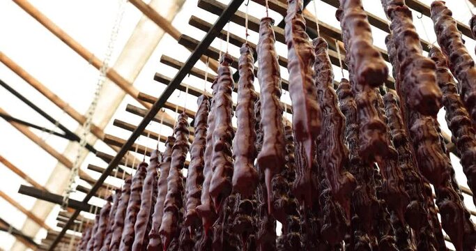 Homemade recipe and process for preparing churchkhela and traditional Georgian sweets, juice and nuts. Georgian national delicacy