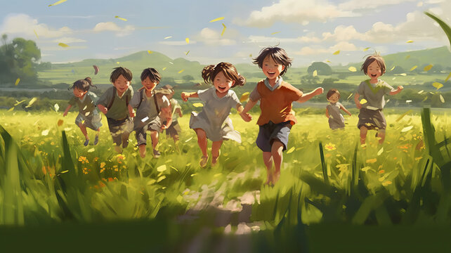 vector illustrations A group of rural Asian child Playing in the field.